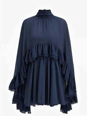 Commense Semi-Sheer Chiffon Ruffle Dress With Outer Cape Mini Dress NAVY  XL